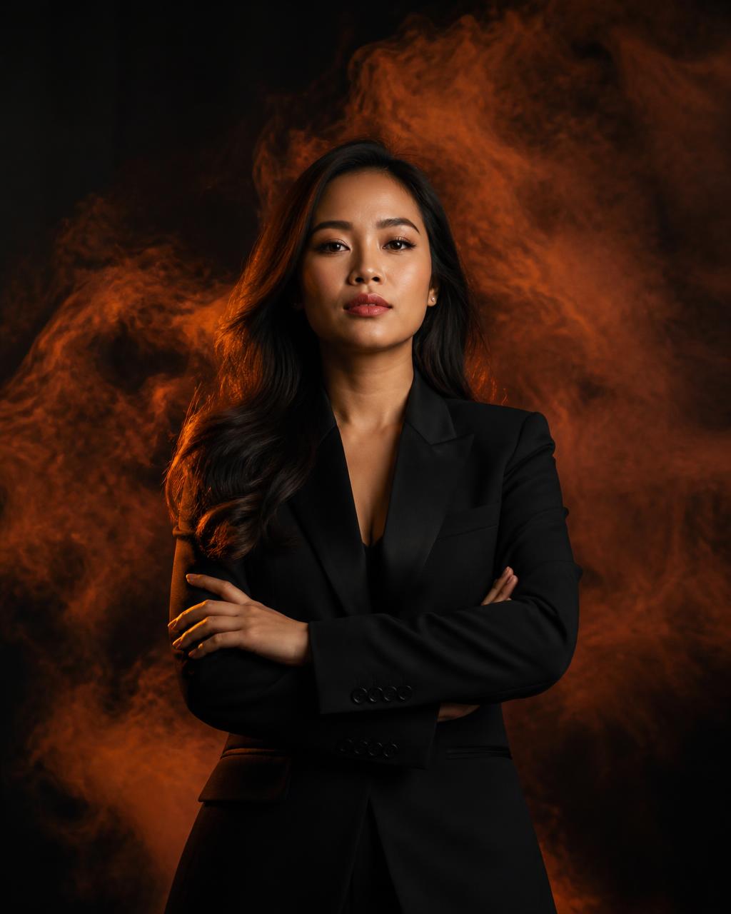 Professional woman in a black blazer surrounded by burnt orange smoke