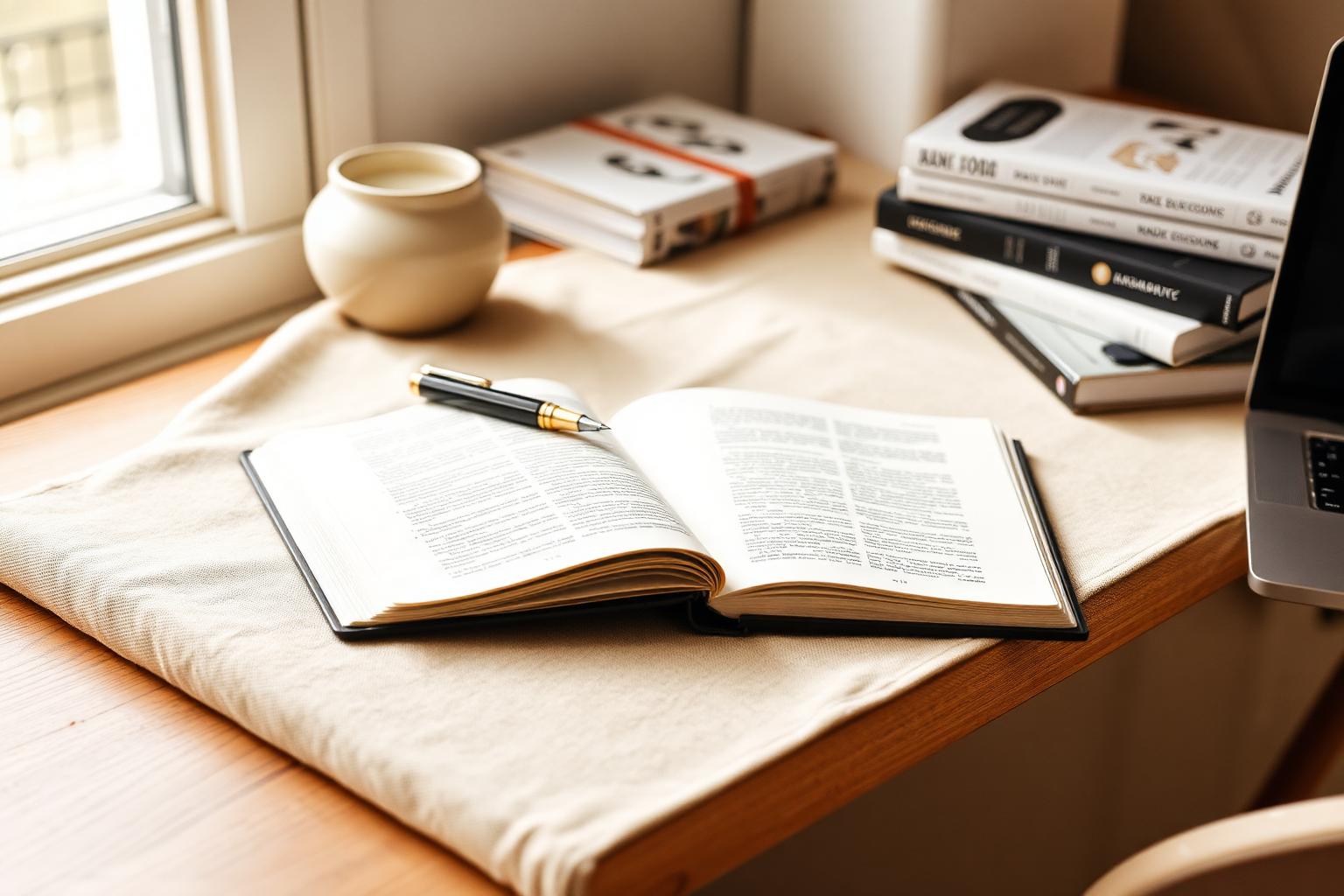 Editorial writing desk with an open notebook, fountain pen and books in warm natural light