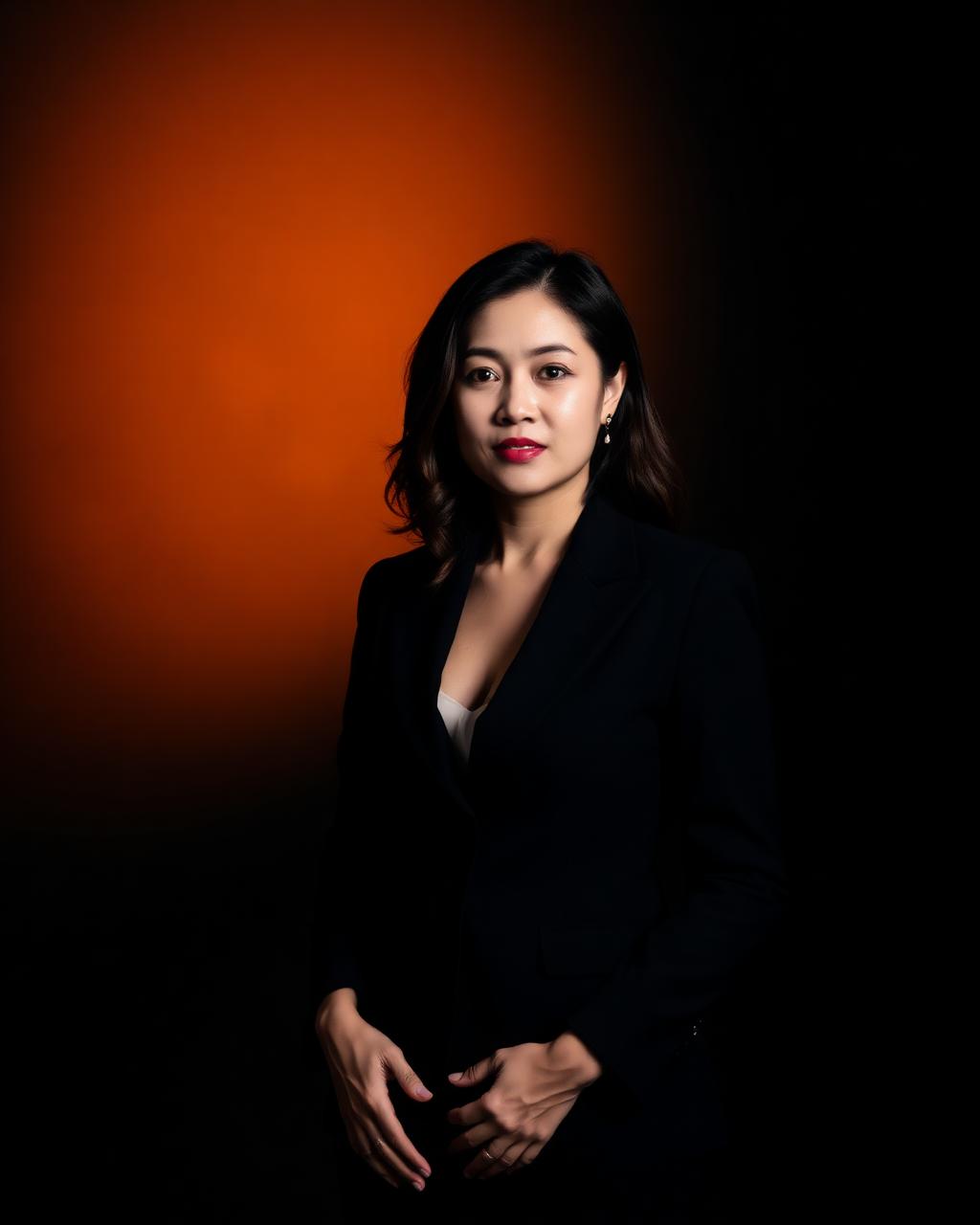 Creative director Adriana Velasco in a black blazer against a warm amber studio backdrop